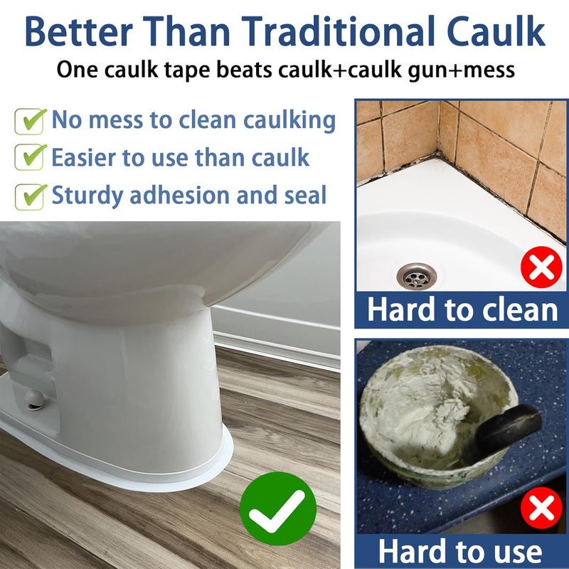 BLUEJUNWEI Caulk Tape - Updated Enhanced Adhesive, Caulk Tapes Waterproof Self Adhesive, Traditional Caulking Sealant Replacement, Caulking Strips for Toilet, Bathroom, Sink, Bathtub, Floor Wall Edge Protector - Image 2